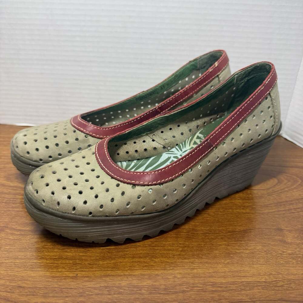 FLY London shoes Green Suede Wedges with Red Trim 41 US 9